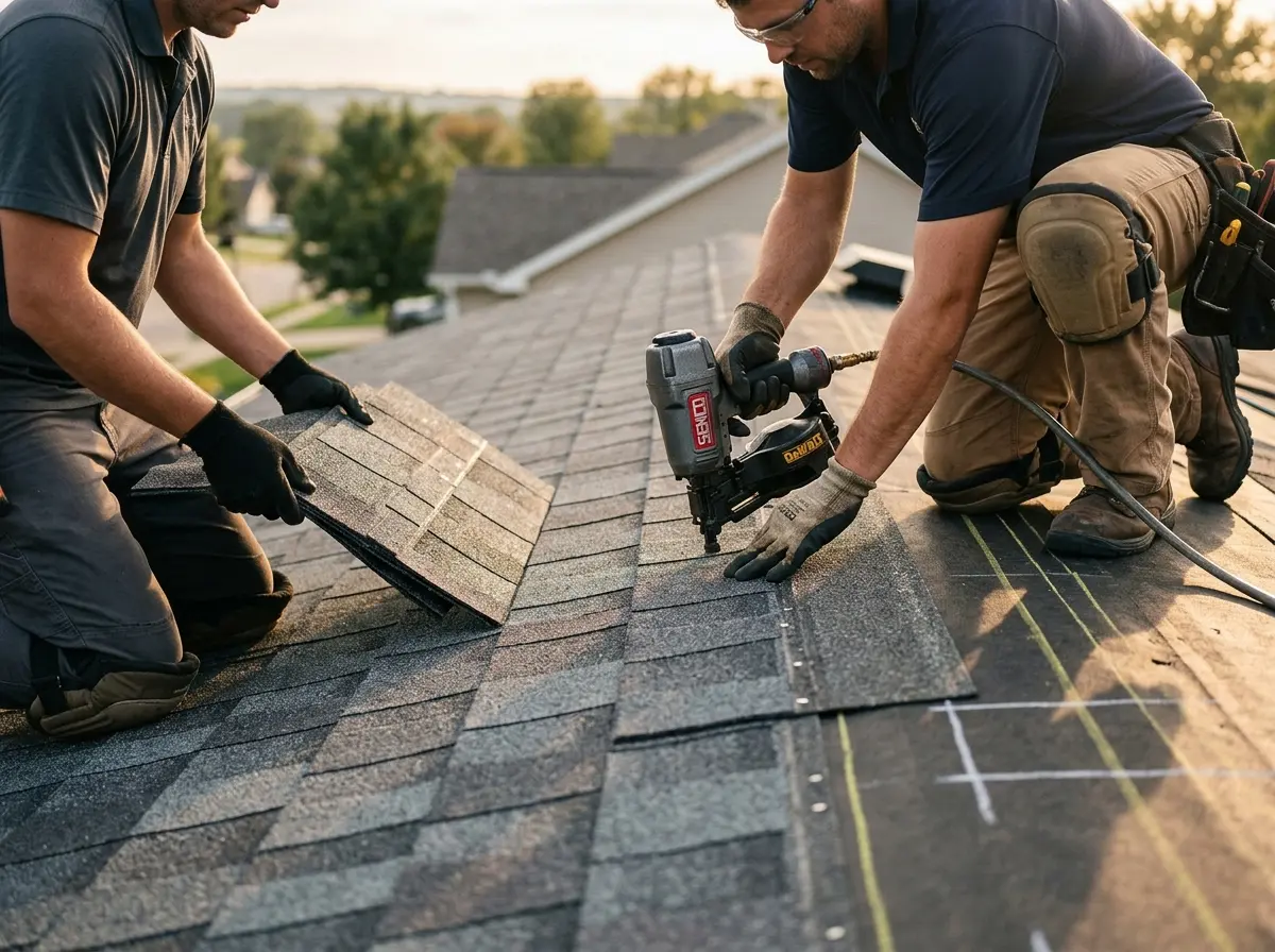 Professional roofer working on a residential roof in River Oaks